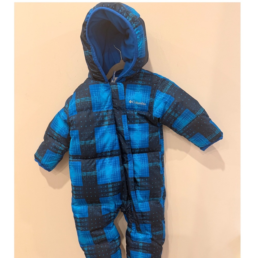 Columbia Snuggly Bunny Bunting Blue Plaid Down Winter Suit 12-18 Months